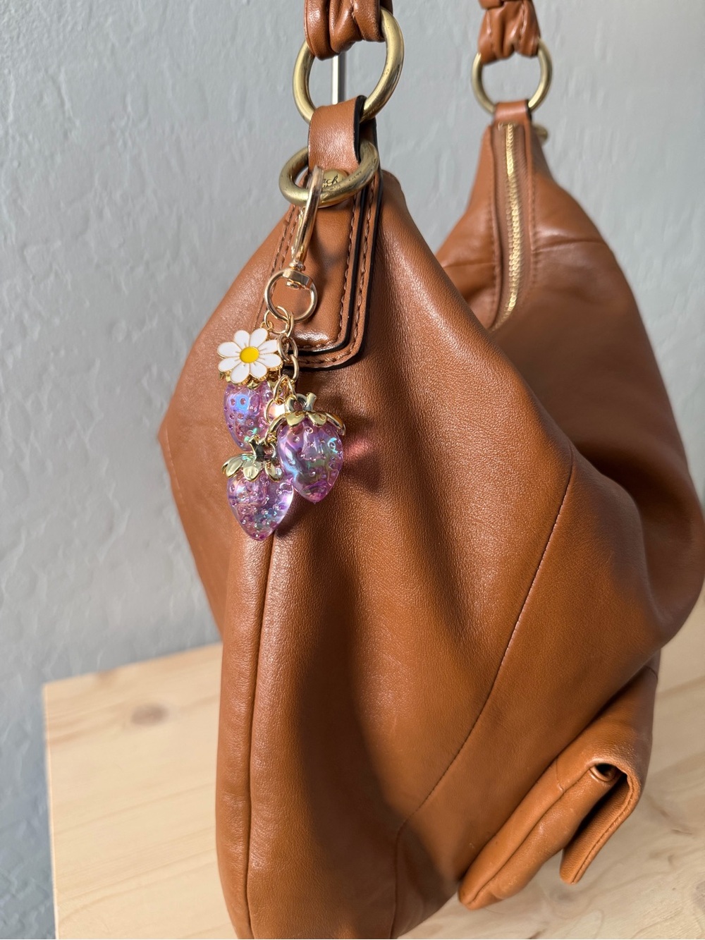 Gold Daisy Charm Keychain with Purple Strawberry Charms - Picture 3 of 3